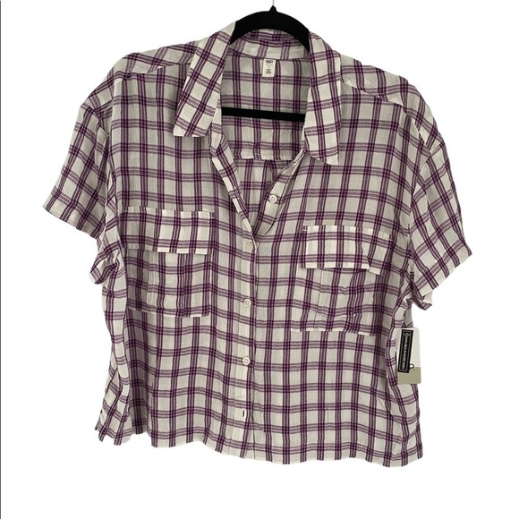 𝅺BP Casual Plaid Crop Boxy Short Sleeve Camp Shirt Large White Purple NWT - Picture 1 of 8